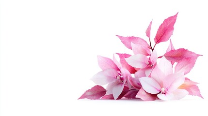 Fototapeta premium Pink flowers, leaves, white background, floral design, greeting card