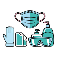 Medical mask, latex gloves, soap, dispenser, protective glasses.