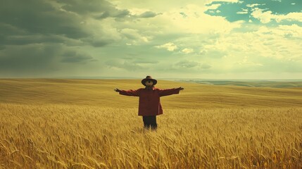 Scarecrow in wheat field, stormy sky, rural landscape, agriculture.