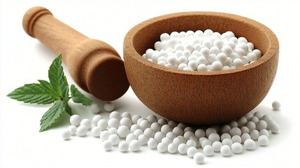 Homeopathic medicine pellets in wooden bowl
