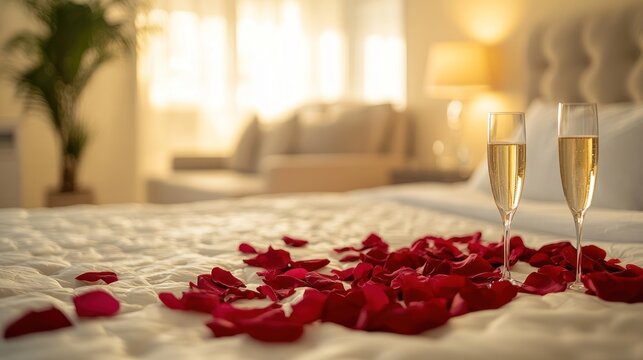 Romantic bedroom setting with champagne flutes and rose petals on bed.
