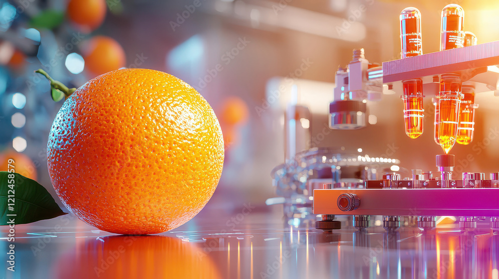 Poster digital rendering of orange placed beside advanced laboratory equipment, showcasing blend of nature and technology. vibrant color and intricate details create captivating scene