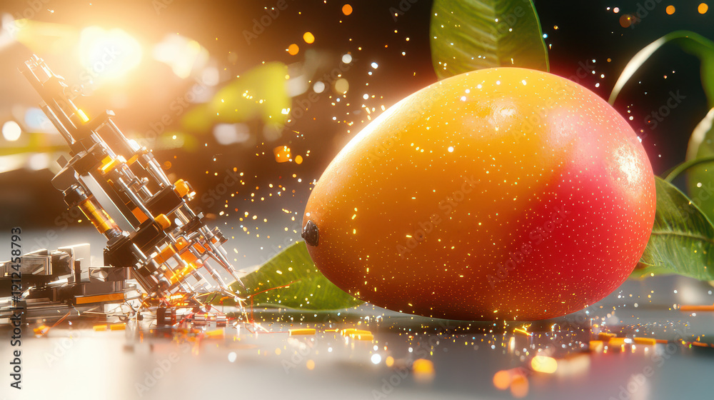 Poster digital rendering of ripe mango with technology elements, showcasing vibrant colors and futuristic aesthetic. scene captures contrast between nature and innovation