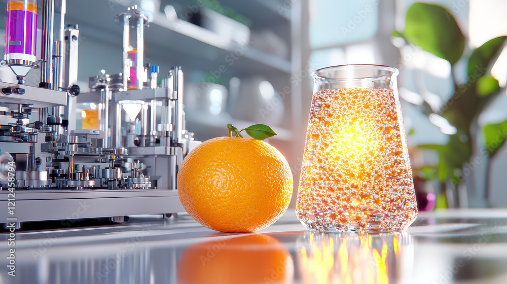 Poster digital rendering of orange beside glass filled with sparkling liquid, showcasing modern laboratory 