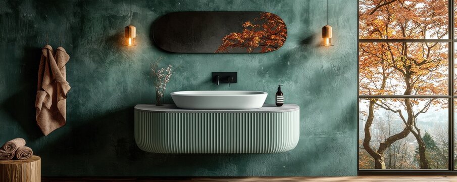 Elegant bathroom interior with sage green wall-mounted vanity - Powered by Adobe