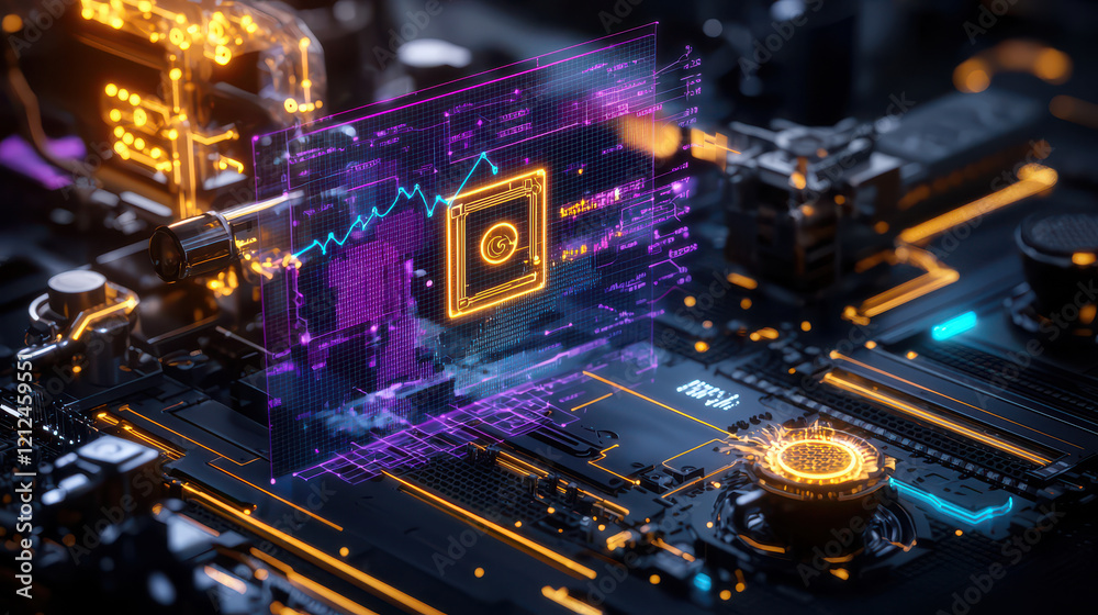 Poster digital representation of futuristic technology interface with graphs and data visualizations on circuit board. vibrant colors and intricate details evoke sense of innovation and advancement