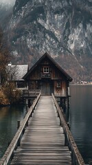 Fototapeta premium Morning mist over a calm alpine lake.