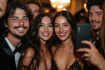 Obraz premium Smiling group of friends taking a selfie at a festive event