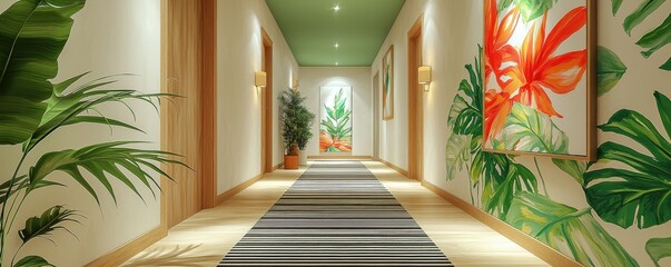 Elegant hallway with tropical decor and striped runner carpet