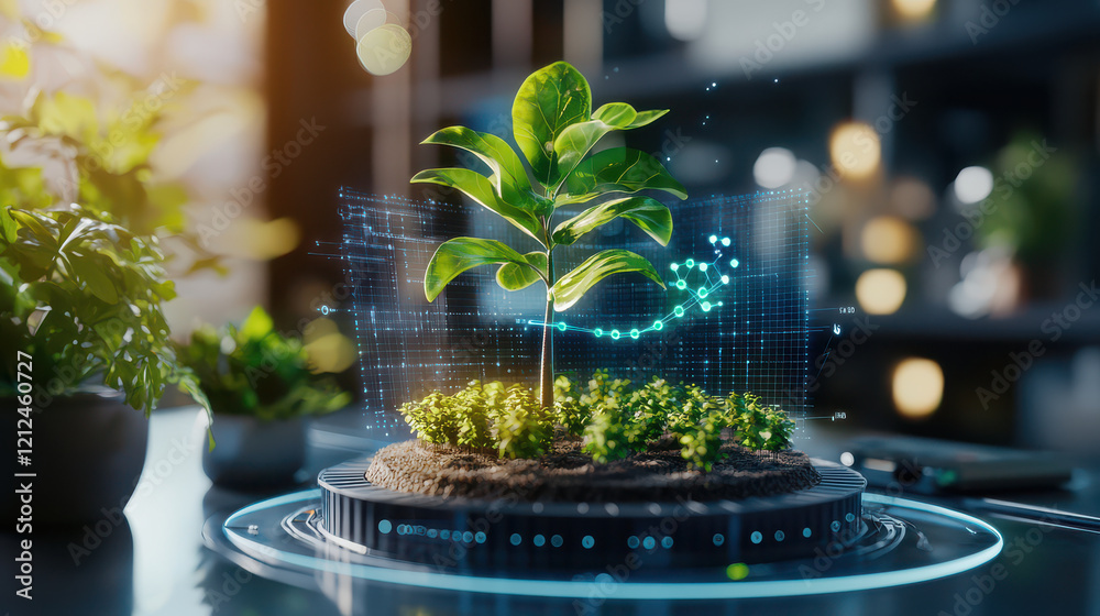 Aufkleber digital representation of renewable energy model featuring plant growing in soil, surrounded by data