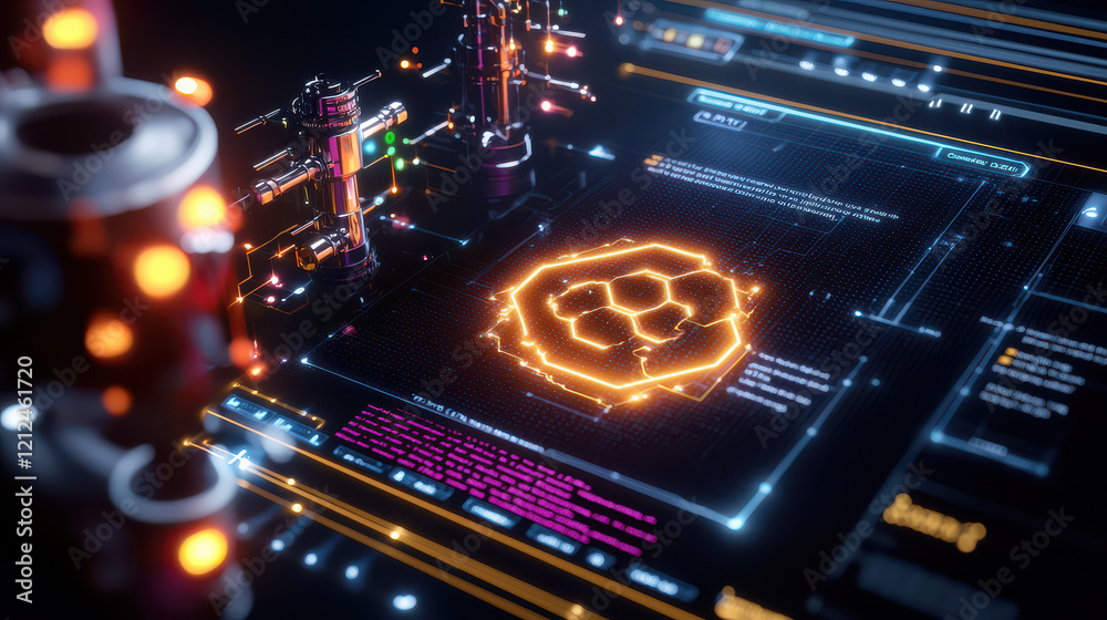 Poster digital representation of futuristic interface with glowing elements, showcasing advanced technology and data visualization. vibrant colors and intricate designs evoke sense of innovation and