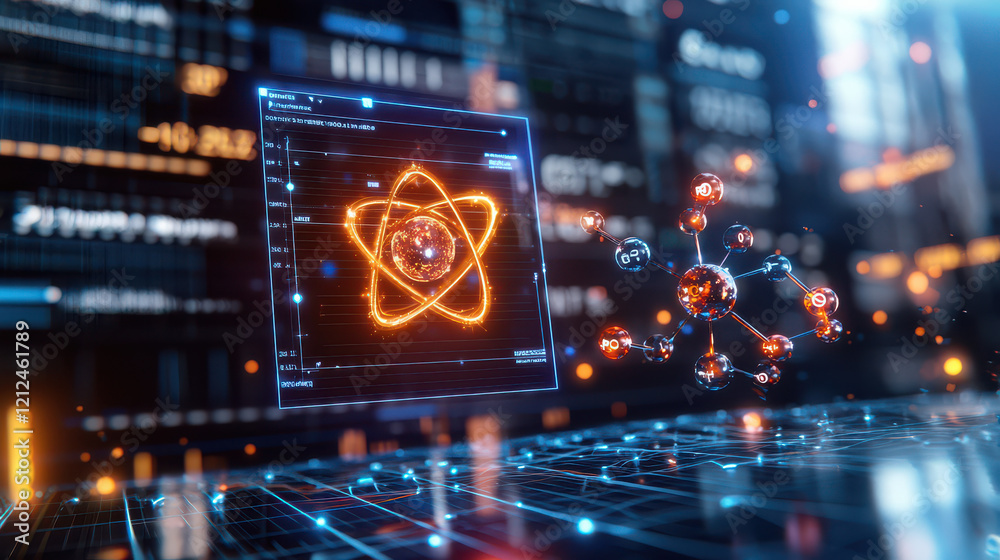 Leinwandbilder digital representation of atomic structures with glowing elements, showcasing scientific data and technology. image conveys sense of innovation and exploration in field of science