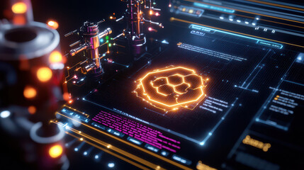 digital representation of futuristic interface with glowing elements, showcasing advanced technology and data visualization. vibrant colors and intricate designs evoke sense of innovation and