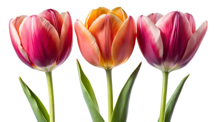 Fototapeta premium Trio of elegant blooming tulips, cut out on the white background 