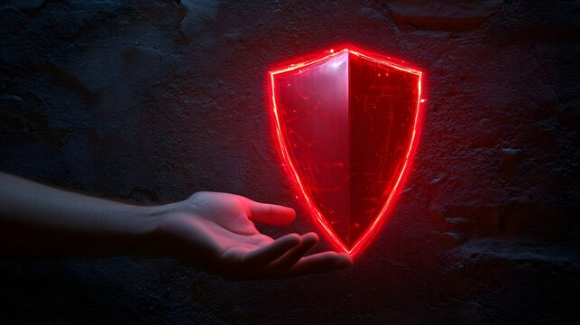 Hand holding glowing red shield symbol for enhanced cybersecurity defense and modern digital security technology against cyber threats in abstract futuristic style 