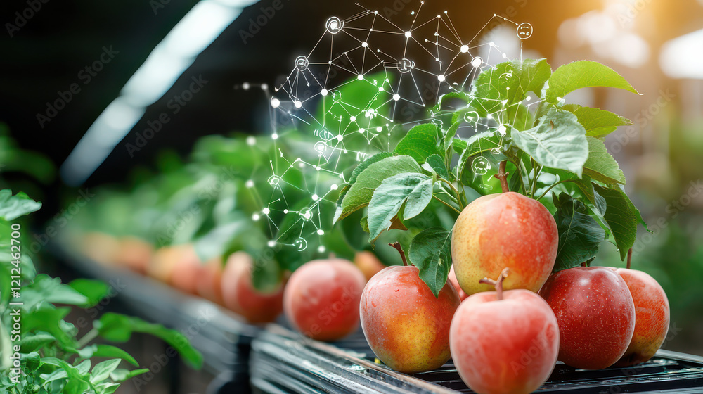 Poster apples on tree with technology integration for smart farming, showcasing innovation in agriculture a