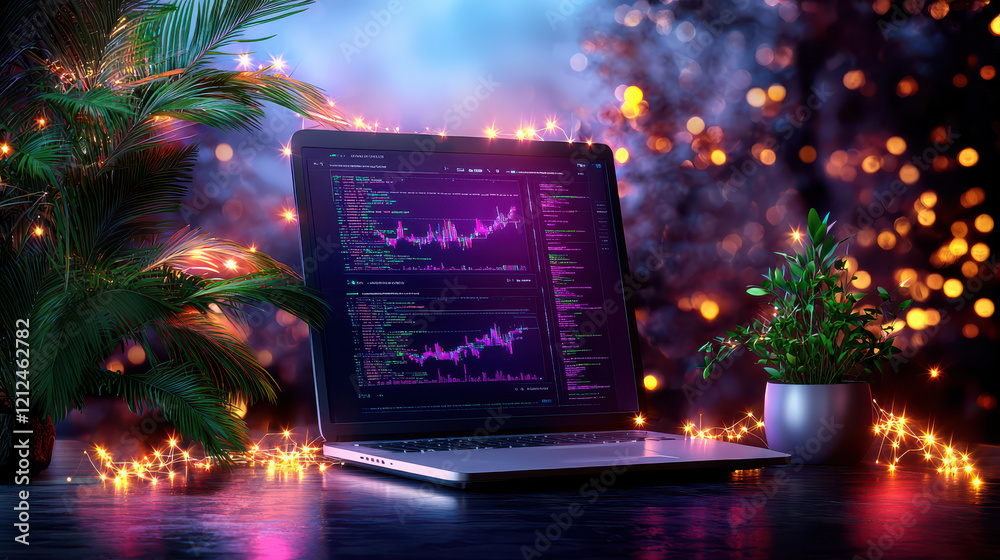 Poster modern workspace featuring laptop displaying colorful data charts, surrounded by plants and fairy lights, creating vibrant and tech savvy atmosphere