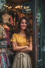 Naklejka premium Smiling woman standing at the entrance of her newly opened store