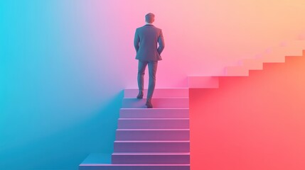 Ambitious entrepreneur climbing steps of progress flat design front view inspirational theme 3D render colored pastel.