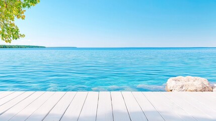 Fototapeta premium Calm lake view from white dock; summer vacation background