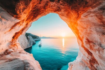 The famous Blue Caves of Zakynthos, with sunlight streaming through the arches and illuminating the vibrant blue waters