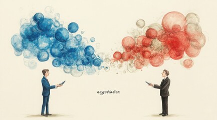 word "negotiation" visualisation in the cartoon style,some negotiation attributes --chaos 50 --ar 9:5 --profile 8p7vdbp --v 6.1 Job ID: 67bc6f47-7f0b-4f5d-977e-48f30cd9fc67