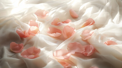 Obraz premium Delicate rose petals on silk, bathed in soft morning light, evoking a dreamy, romantic ambiance.