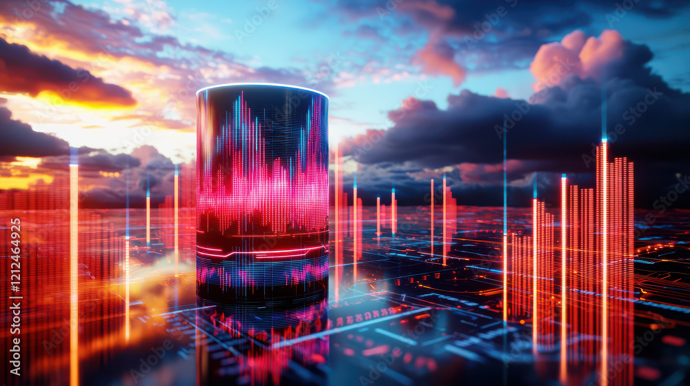 Poster digital rendering of futuristic cityscape with glowing data tower, showcasing vibrant sound waves an