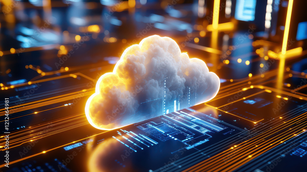 Poster digital rendering of cloud surrounded by glowing circuits and data streams, symbolizing technology and connectivity. image evokes sense of innovation and modernity