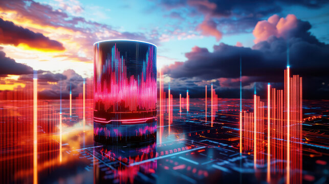 digital rendering of futuristic cityscape with glowing data tower, showcasing vibrant sound waves and graphs against dramatic sunset sky