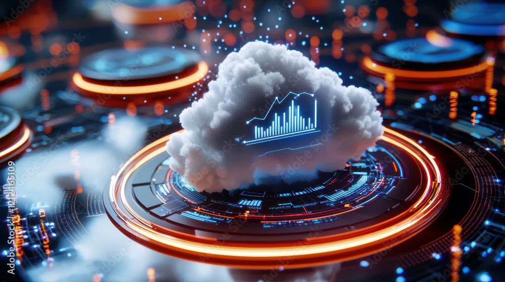 Aufkleber digital cloud with data visualization elements, surrounded by futuristic technology. image conveys innovation and data analysis in modern context