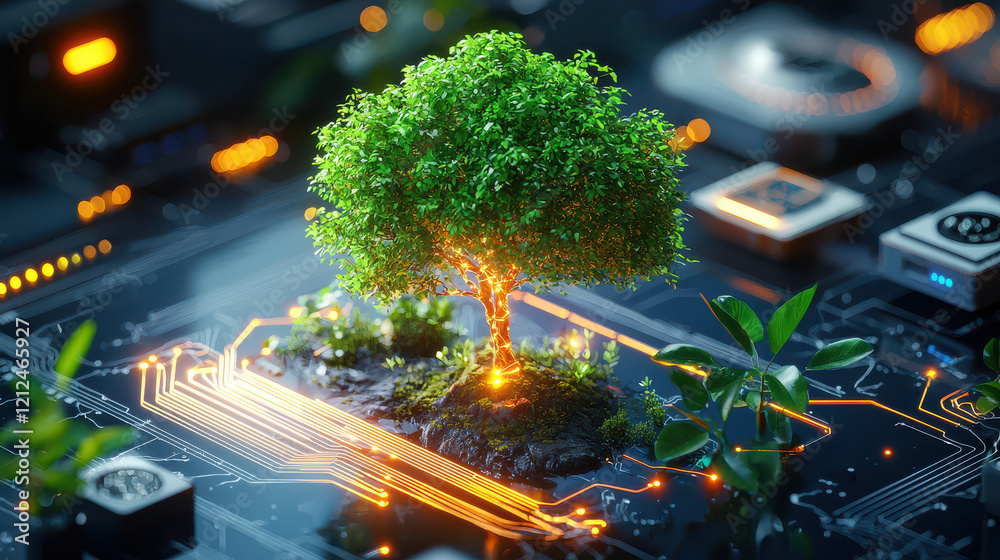 Poster small vibrant tree surrounded by technological elements, symbolizing fusion of nature and technology. glowing circuits and greenery create harmonious balance
