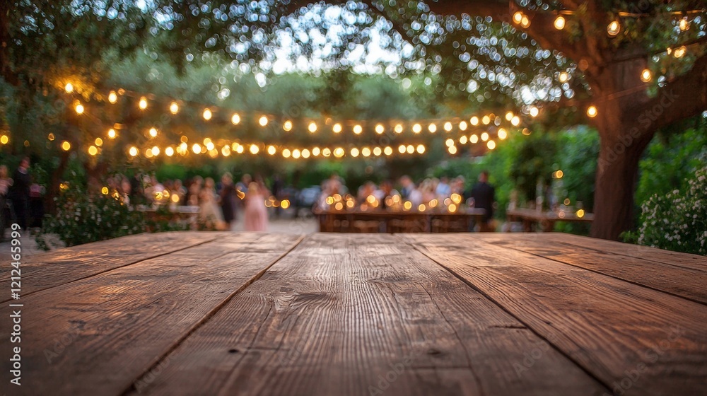 Poster beneath a canopy of soft, glowing lights, an empty wooden table invites guests to an intimate evenin