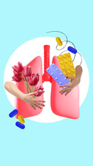 Creative representation of lungs surrounded by pills, flowers, and hands, symbolizing respiratory care with medicine and nature. Conceptual art design. Concept of health care, treatment