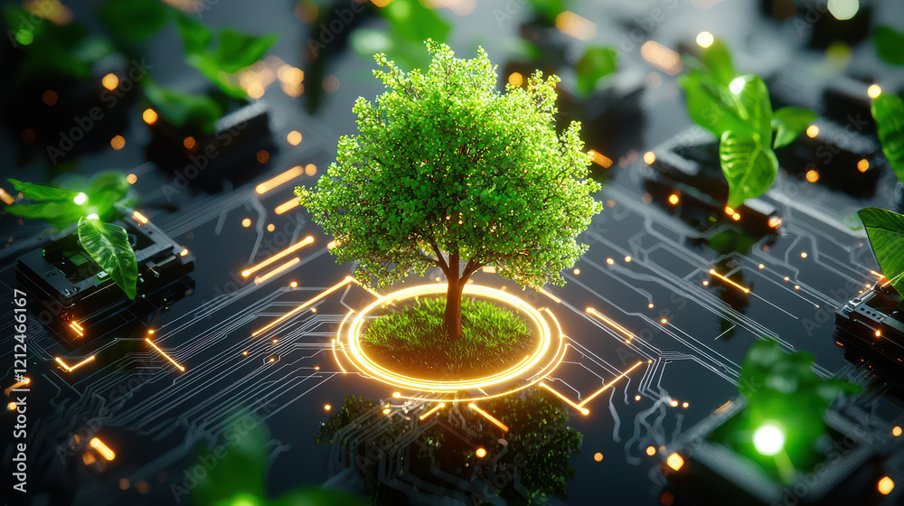 Poster small vibrant tree surrounded by technological elements, symbolizing harmony between nature and tech