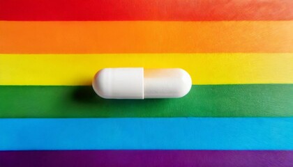 Rainbow flag with a white pill, capsule, medicine concept. Preventive medication or treatment and cure for a disease, illness, sickness.
