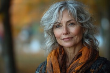 Naklejka premium a dignified portrait of a middle-aged woman with silver hair and a wisdom-lined face, captured in warm lighting that highlights her strength and grace throughout her life