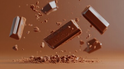 Floating milk chocolate pieces and cocoa powder against a brown background.