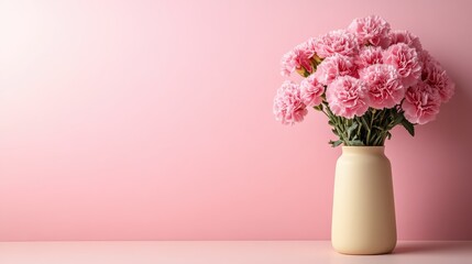 Fototapeta premium A vibrant composition of pink flowers arranged in a contemporary yellow vase, enhancing the visual appeal with a playful touch against the delicate pink backdrop.