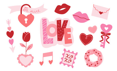 Fun love concept stickers set. Trendy flat design illustration with heart lock, rose, lips, hearts, sweets, envelope and other romantic symbols