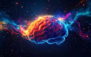 Fototapeta premium Abstract space background with a human brain and vibrant paint splashes, symbolizing the fusion of artificial intelligence and creative expression