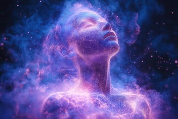 a luminous human silhouette emanating ethereal waves of bio-electromagnetic energy, rendered in iridescent blues and purples, with sacred geometry patterns floating in a mystical atmosphere