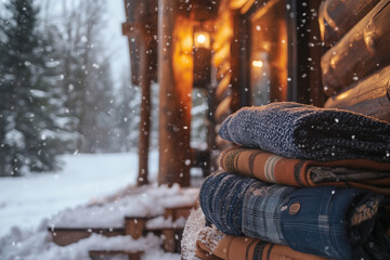 Cozy winter wear stacked on a log outside a rustic cabin during snowfall