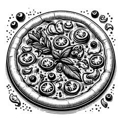 classic Margherita pizza with tomatoes, basil, and cheese, emphasizing Italian cuisine and artistry sketch engraving generative ai PNG illustration. Scratch board imitation. Black and white image.