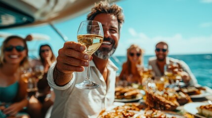 Obraz premium A man smiles widely, raising a drink in a sunny setting with friends, embodying the spirit of camaraderie and enjoyment during a vibrant day on the water.