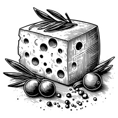 cheese block with signature holes, accompanied by olives, olive branches, and scattered peppercorns sketch engraving generative ai PNG illustration. Scratch board imitation. Black and white image.