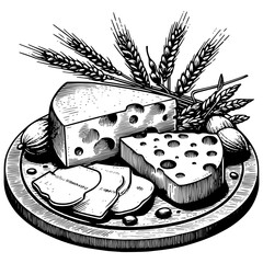 cheese platter featuring sliced cheese, cheese blocks, wheat stalks, nuts, and a rustic wooden board sketch engraving generative ai PNG illustration. Scratch board imitation. Black and white image.