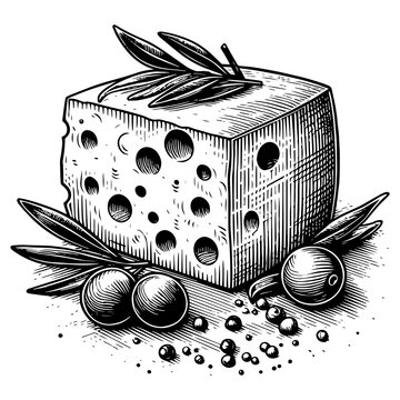 recommend clip art: cheese block with signature holes, accompanied by olives, olive branches, and scattered peppercorns sketch engraving generative ai PNG illustration. Scratch board imitation. Black and white image.