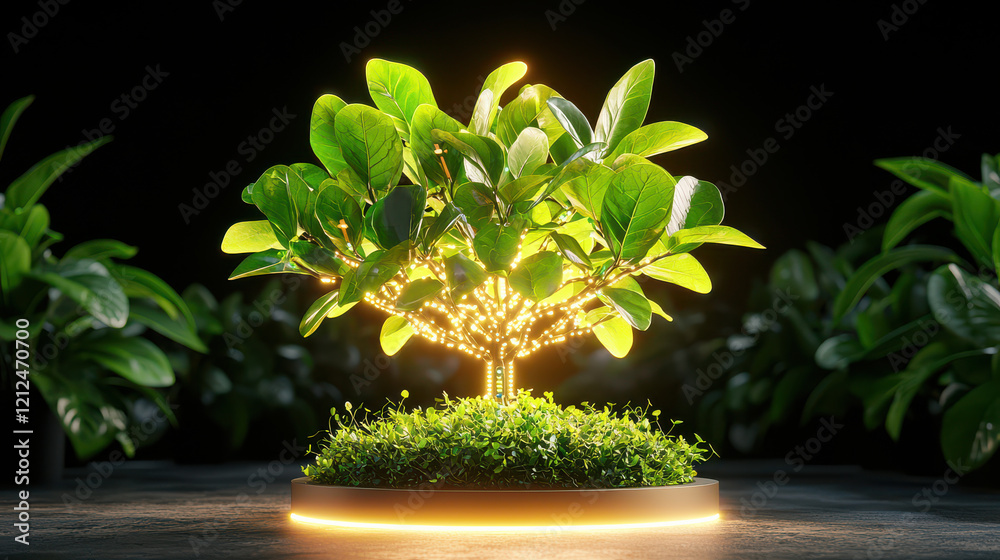 Poster tech infused botanical scene featuring mini tree with glowing leaves, surrounded by lush greenery, creating serene and modern atmosphere