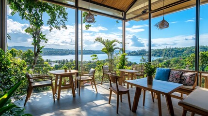 Fototapeta premium Serene Lakeside Cafe with Panoramic Views